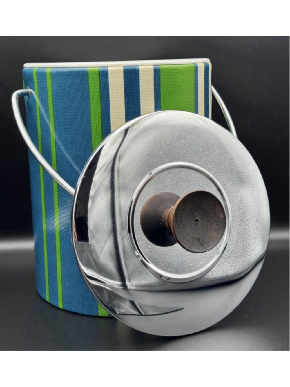 Vintage MCM Striped Vinyl Ice Bucket Blue Green Chrome Lid Wood Knob